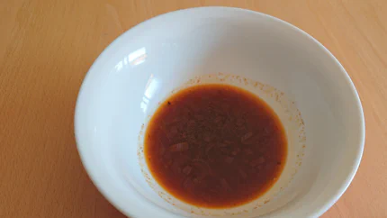 Eine Portion dunkle Bratensauce mit kleinen Zwiebelwürfeln in einer Schale.