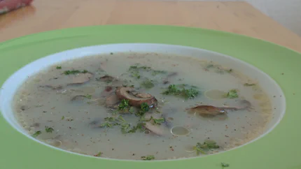 Gehaltvolle Champignonsuppe mit Pilzscheiben und Petersilie.