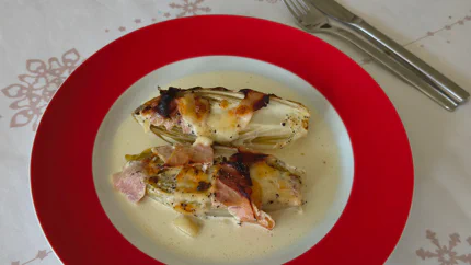 Zwei Chicorée-Hälften, überbacken mit Schinken und Käse, liegen in einer Sahnesauce auf einem Teller mit breitem Rand.