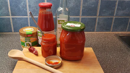 Zwei Gläser selbstgemachter Ketchup stehen auf einem Brett vor dessen Zutaten.