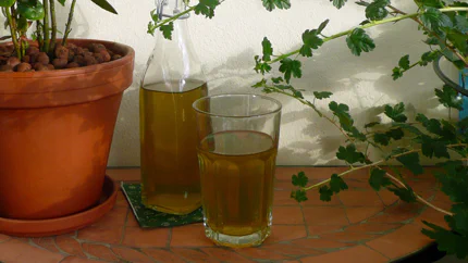Ein Glas neben einer Flasche mit gesüßtem Matetee.
