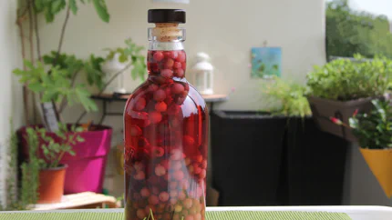 Eine bauchige Flasche mit Korken, darin schwimmen erbsengroße, tiefrote Felsenbirnen in Wodka.