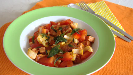 Ein Salat aus Paprika, Chicorée, Fleischkäsewürfeln und Salbeiblättern.