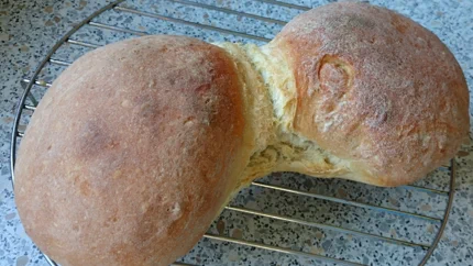 Zwei Laiber Brot mit dunkelbrauner, gleichmäßiger Kruste liegen auf einem Rost.