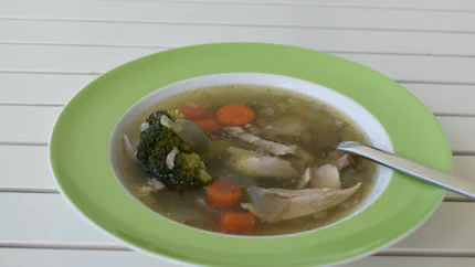 Ein Teller Suppe mit Hühnerfleisch, Zwiebel, Rüble und Brokkoli.