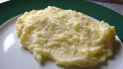 Eine Portion Kartoffelbrei auf einem Teller mit grünem Rand.