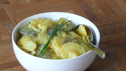 Kartoffelsalat mit einer sämigen Soße und Gurkenscheiben in einer Schale. Er ist mit Schnittlauchstängeln verziert.