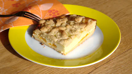 Ein Stück Käsekuchen mit Boden und Streuseln. Es sind Mandarinen eingearbeitet, daneben liegen eine Serviette und eine Kuchengabel.