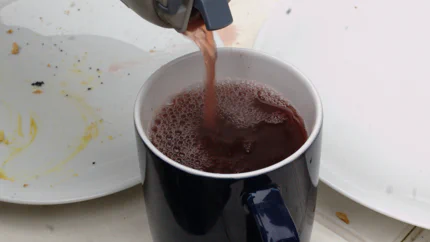 Eine Tasse mit rotem Kinderpunsch auf Fruchtsaft und Gewürzen, die aus einer Thermoskanne gefüllt wird.