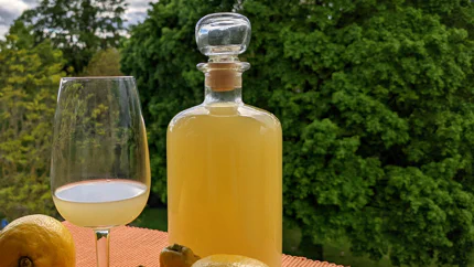 Eine Flasche und ein Glas mit gelbem Limoncello. Um sie herum liegen frische Zitronen.