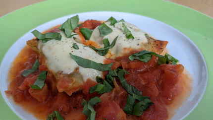 Zwei Maultaschen in Tomatensauce mit Mozzarella auf einem Teller. Sie sind mit schwarzem Pfeffer und frischem Basilikum gewürzt.