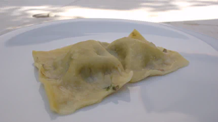 Zwei rechteckige Maultaschen liegen auf einem Teller, sie wurden bereits gekocht.