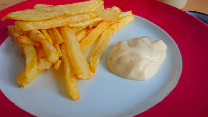 Ein großer Klecks zartgelbe Mayonnaise neben Pommes auf einem Teller.
