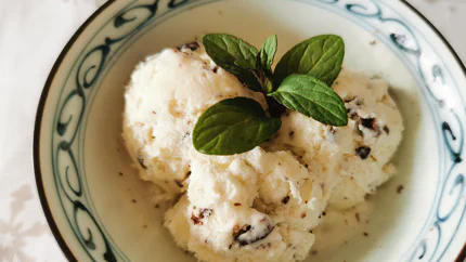 Drei Kugeln Eis mit Schokoladenstückchen mit Minzblättern garniert.