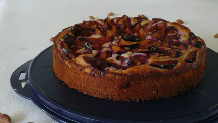 Ein Kuchen, bei dem die Zwetschgen ziegelartig aufeinander geschichtet wurden. Sie sind halb im Teig versunken.