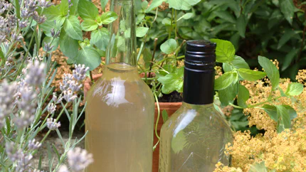 Zwei Flaschen grüner, leicht trüber Pefferminzsirup stehen auf einem Stein im Garten.
