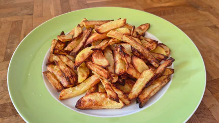 Ein Haufen knuspriger, brauner Pommes liegt auf einem flachen Teller mit grünem Rand. Sie wurden mit Pommesgewürz aus Salz, Curry und Paprikapulver verfeinert.