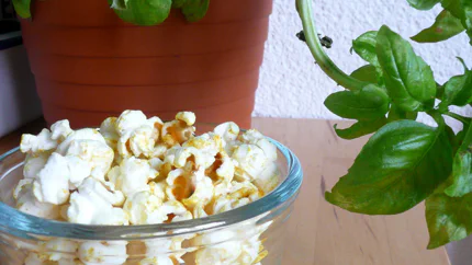Ein Schälchen mit Popcorn, das an einigen Stellen gelb vom Curry ist.