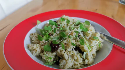 Ein Salat aus gekochtem Reis, Pesto, Oliven und garniert mit Rucola.