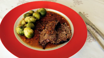 Ein zarter Sauerbraten mit brauner Bratensauce und Rosenkohl auf einem Teller.