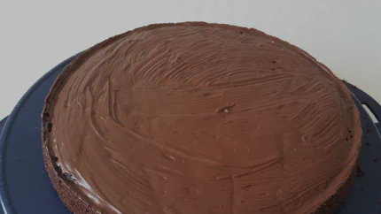 Ein dunkelbrauner, flacher Kuchen aus Bohnen mit einem Guss aus geschmolzener Schokolade.