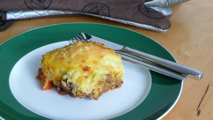 Eine Portion Gratin aus einer Schicht aus Hackfleisch und Gemüse, bedeckt von Kartoffelbrei und überbackenem Käse.