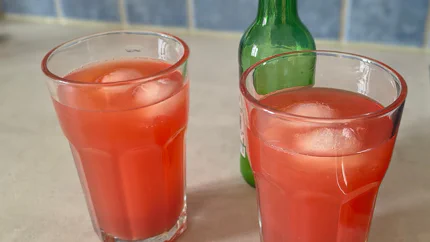 Zwei Gläser mit einem orange-rotem Cocktail aus Aperol, Wasser und Saft stehen vor einer grünen Flasche mit Zitronensaft. In den Gläsern schwimmen Eiswürfel.