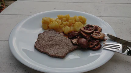 Ein Steak mit Pilzen in einer Wacholdersauce und Kartoffelsalat auf einem Teller im Garten.