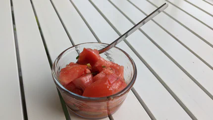 Eine kleines Schälchen mit Salat aus groben Tomatenstücken, Essig, Öl und Schnittlauch steht auf einem Gartentisch.