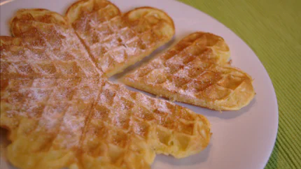 Eine runde Waffel mit Puderzucker bestäubt, aus der ein Segment herausgelöst wurde, auf einem flachen Teller auf einem grünen Untersetzer.