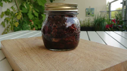 Gebratener Speck, Zwiebelringe und eine braune Sauce aus Sherry und Whisky in einem Einmachglas auf einem hölzernen Gartentisch.